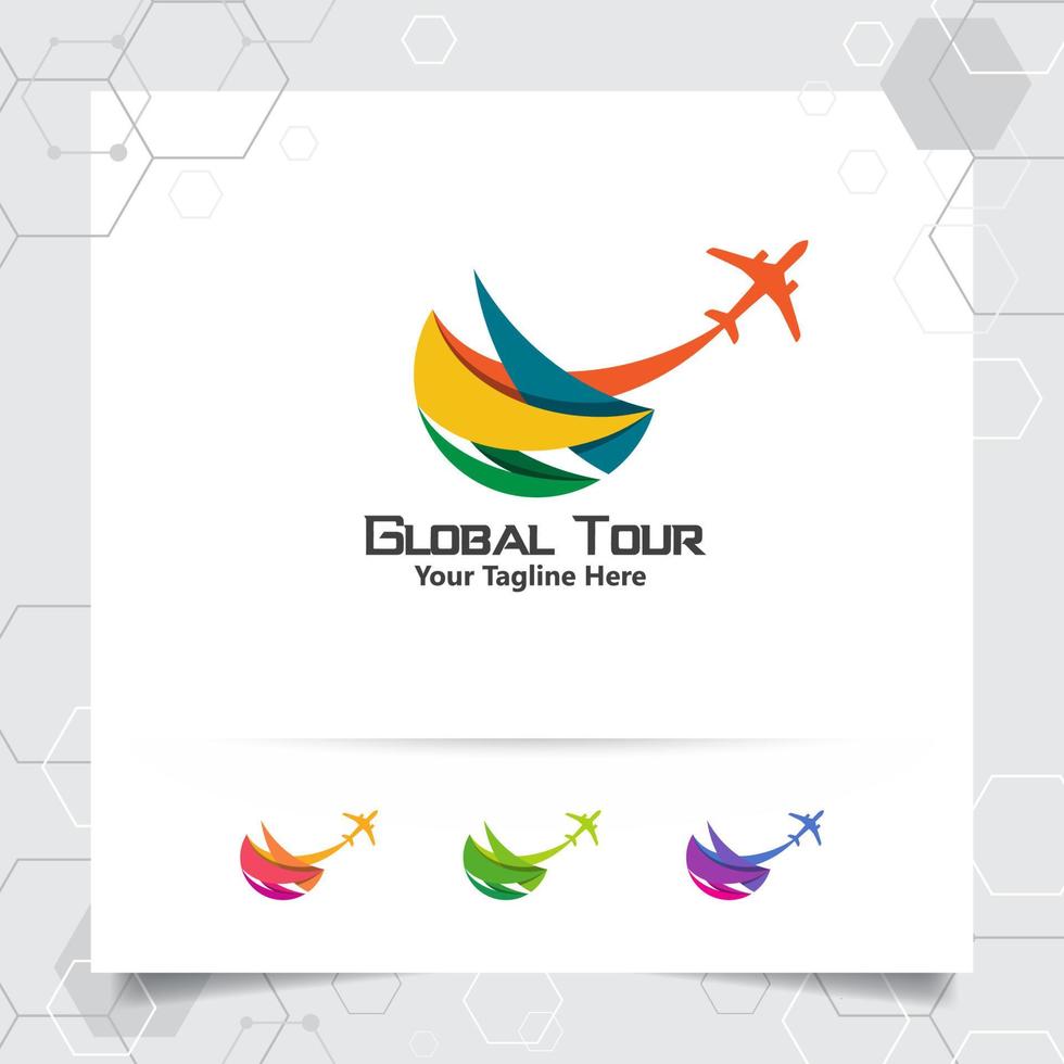 conceito de design de logotipo de viagem do ícone do avião com símbolo do globo. vetor de logotipo de viagem para turnê mundial, aventura e férias.