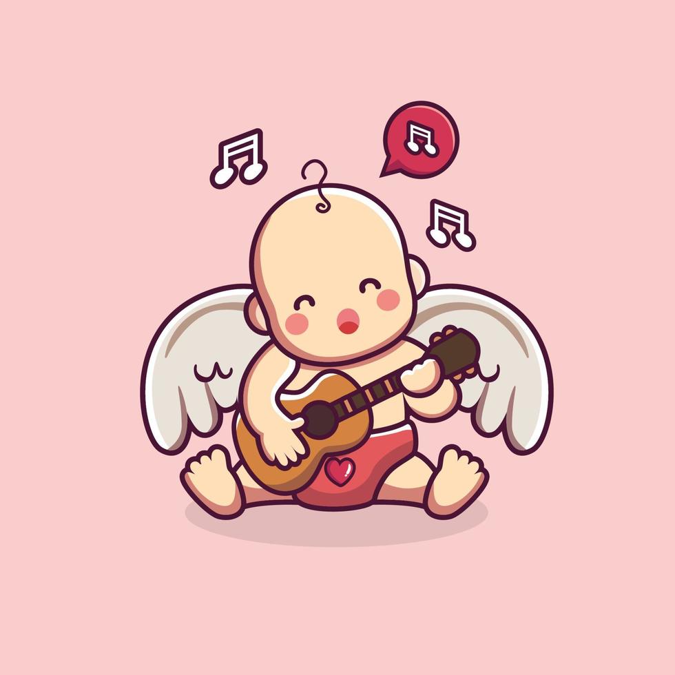 personagem de cupido de bebê fofo tocando violão e cantando com fundo de tema de dia dos namorados vetor