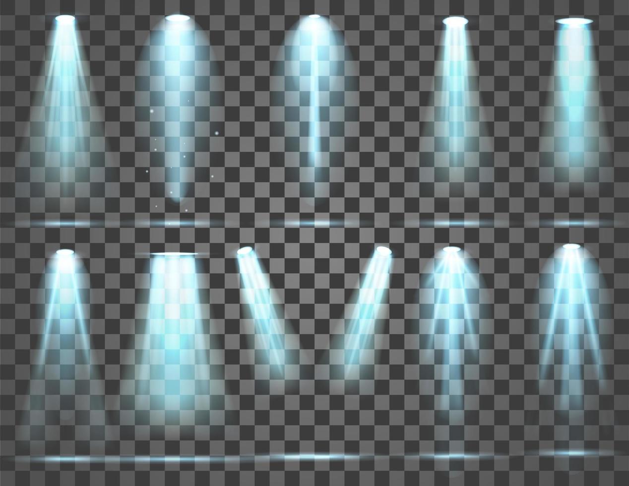 conjunto de holofotes isolado em fundo transparente. efeito de luz brilhante vetorial com raios e feixes azuis vetor