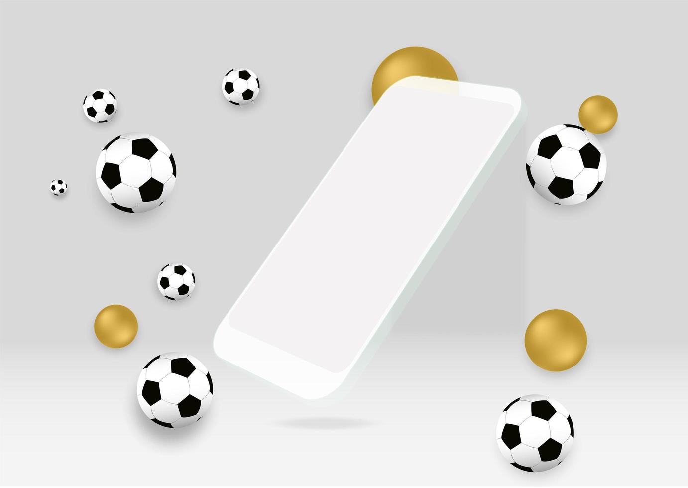 smartphone branco moderno realista isolado no fundo branco com bolas de futebol. vista em perspectiva do telefone. vetor