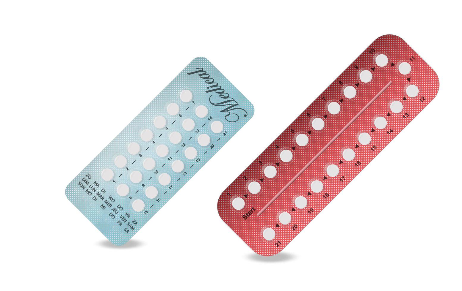 embalagem de pílulas anticoncepcionais em vermelho, azul. pílula anticoncepcional, pílulas hormonais, pílulas anticoncepcionais. contracepção oral feminina. planejando gravidez concept.realistic bolha com pílulas anticoncepcionais. vetor