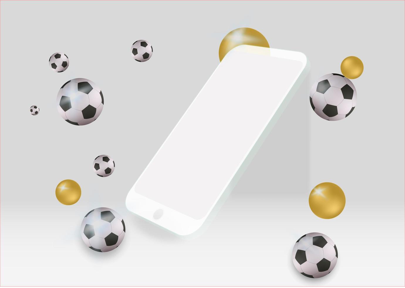 Layout de vetor de smartphone 3D em branco, com bolas de futebol e esferas douradas, em uma cena abstrata.