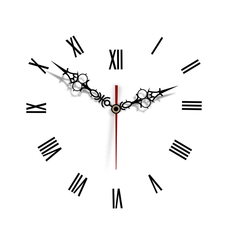 maquete da face do relógio. ponteiros das horas, minutos e segundos com uma escala de tempo para relógios antigos com numeração romana. Molde isolado do vetor 3D.