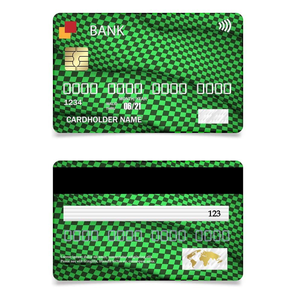 cartão de crédito vetorial realista dois lados, verde. cartão de plástico de desconto de compras. ilustração vetorial, design para cartões bancários vetor