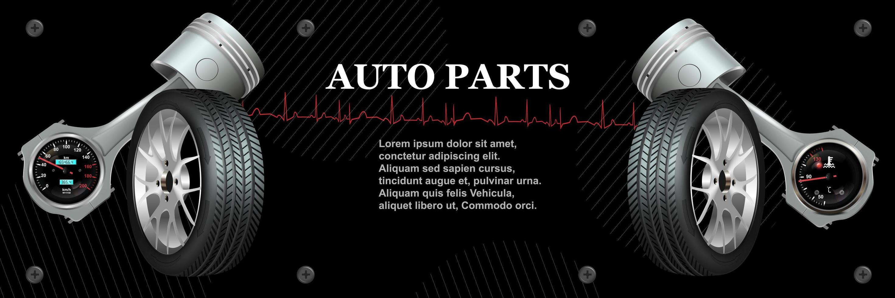 peças de carros realistas vetoriais. pneu de caminhão, disco de roda de alumínio, pistão do motor em estilo vintage. baner da indústria automotiva de carga. modelo de serviço de reparo, vendas de peças de reposição vetor