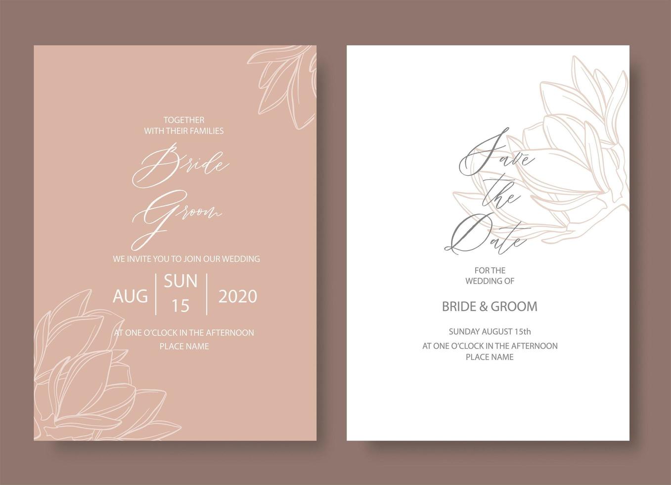 cartão de convite de casamento elegante com flores de magnólia. vetor