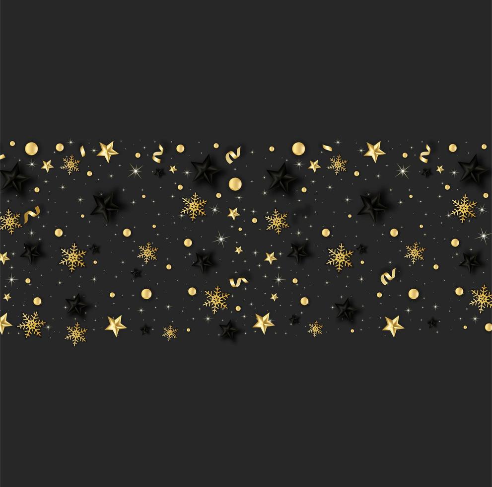 fundo de natal com floco de neve vermelho brilhante, estrela e neve. ilustração de cartão de feliz natal em fundo preto. flocos de neve de ouro espumante com textura de glitter. vetor