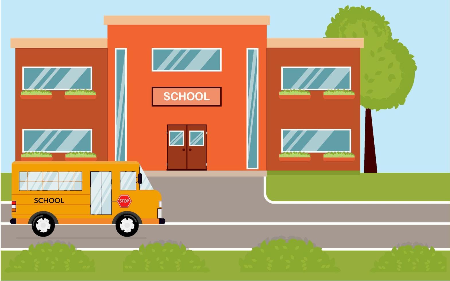 prédio da escola em estilo cartoon. escola moderna, ao fundo da rua, com ônibus e quintal na frente. ilustração vetorial vetor