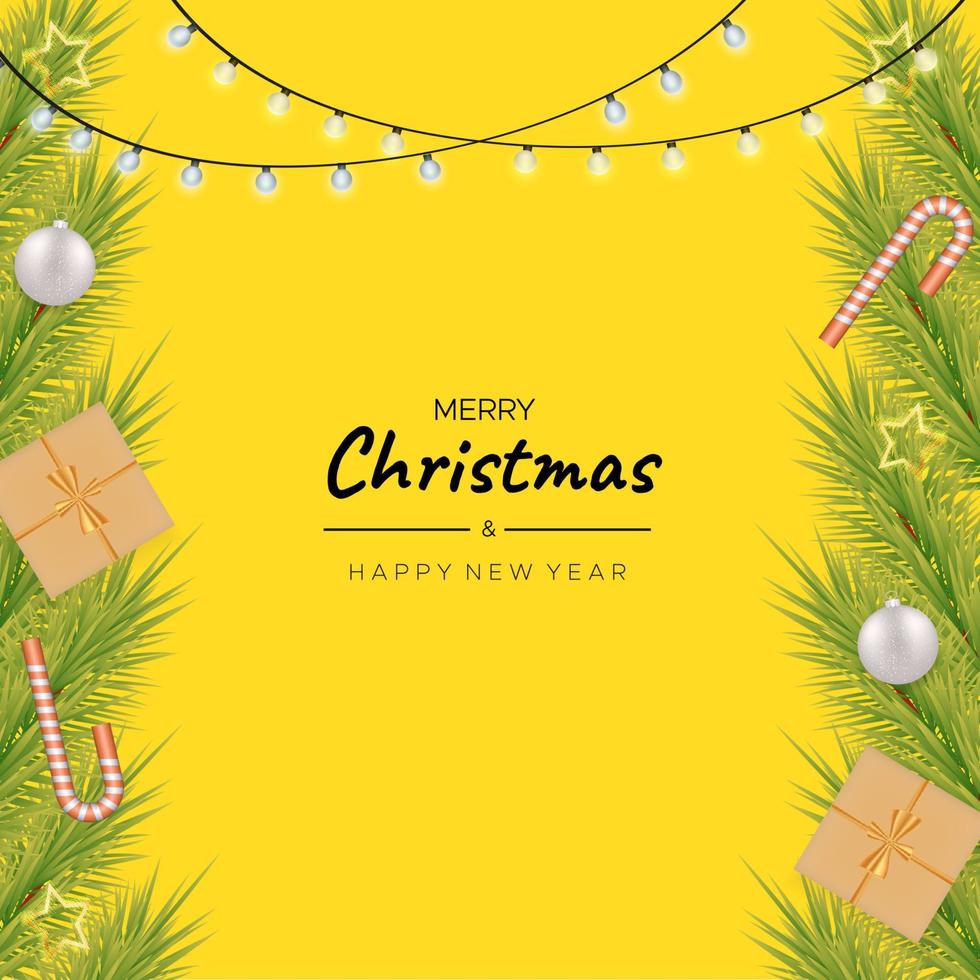 cartão de feliz natal com caixa de presente de natal, árvore de natal, balões de natal, luzes de natal em fundo amarelo vetor