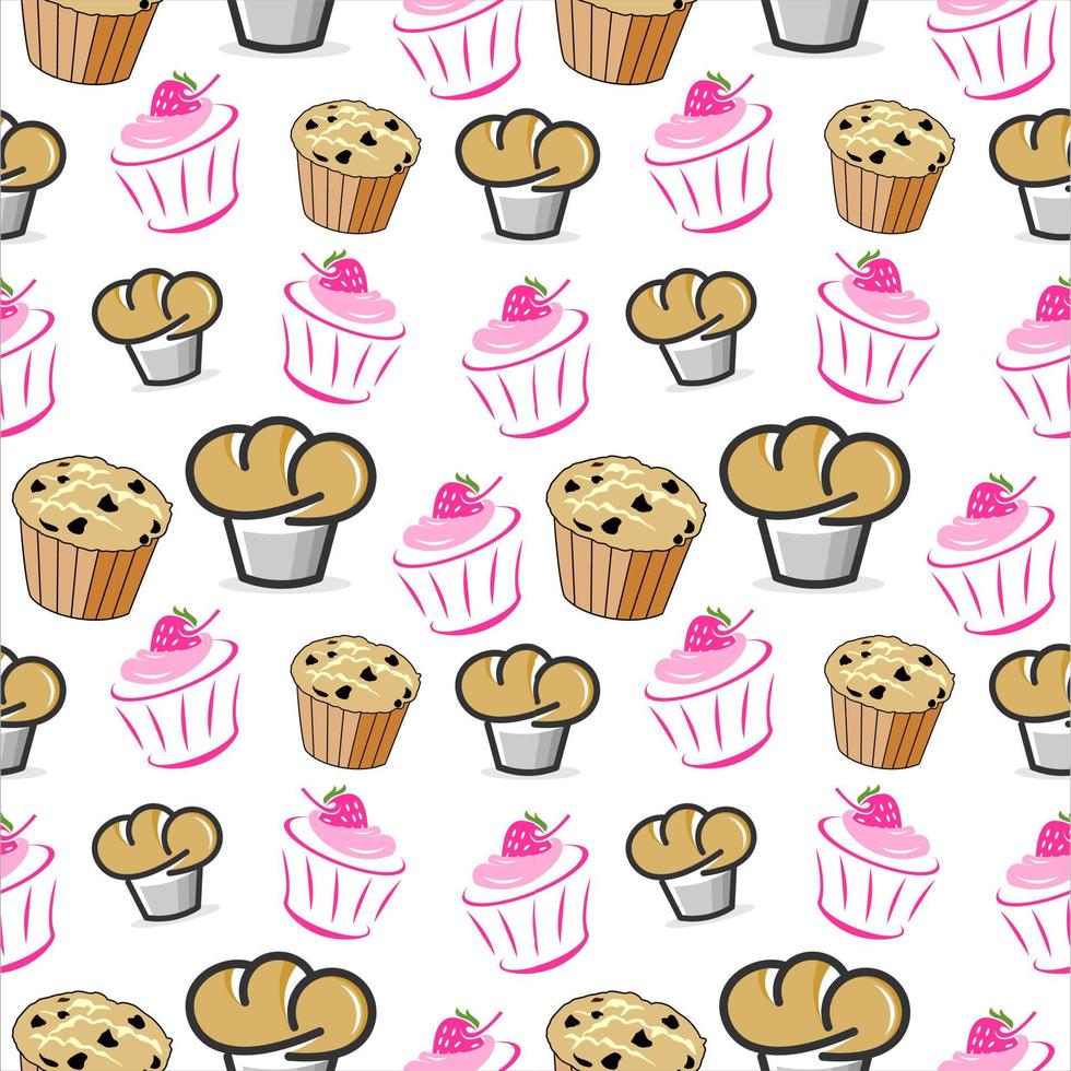 muffin de desenho e cupcake sem costura padrão vetor