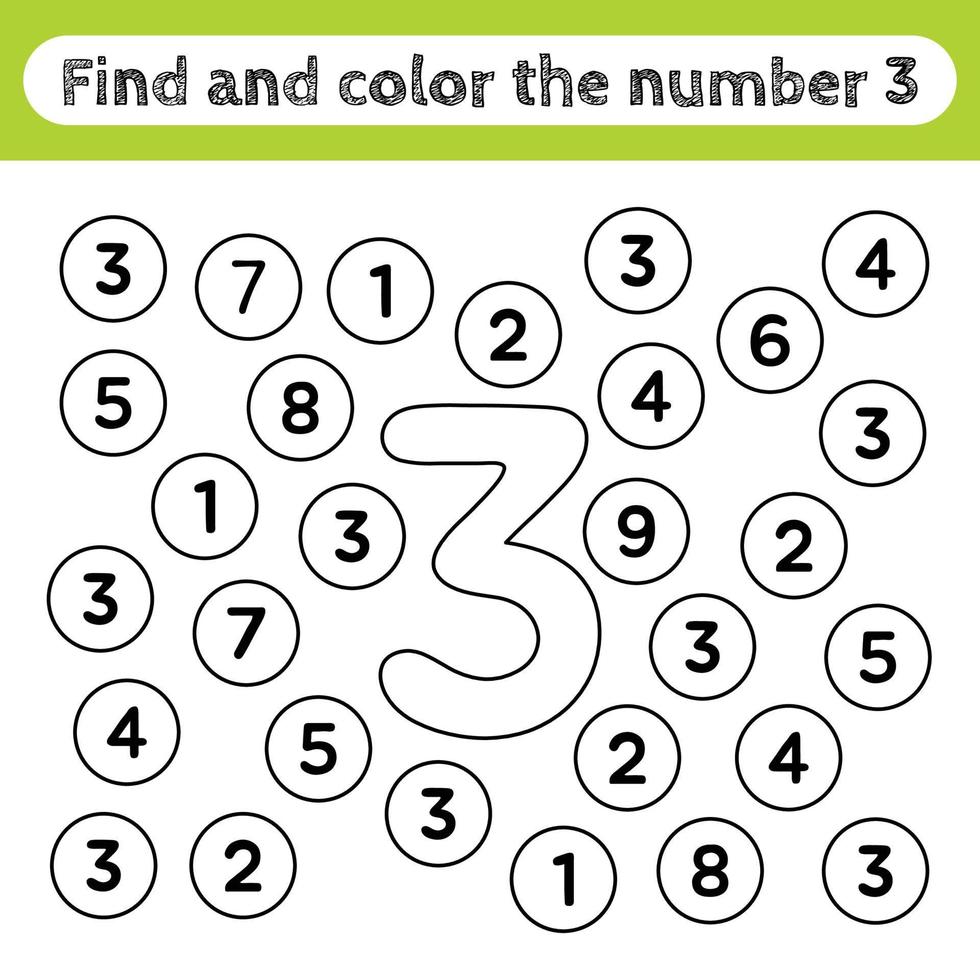 planilhas de aprendizagem para crianças, encontrar e colorir números. jogo educativo para reconhecer a forma do número 3. vetor
