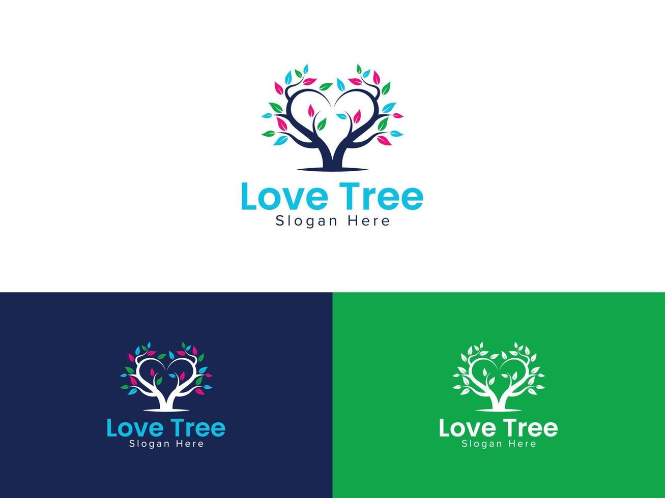 logotipo da natureza da árvore do amor, modelo de vetor de design de logotipo botânico de coração