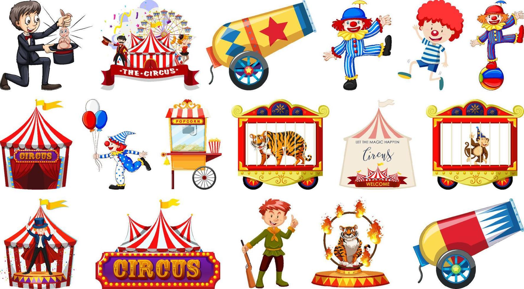 conjunto de personagens de circo e elementos de parque de diversões vetor