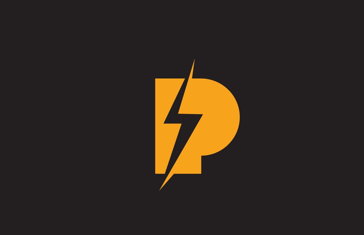 p ícone do logotipo da letra do alfabeto preto amarelo. projeto de relâmpago elétrico para negócios de energia ou energia vetor