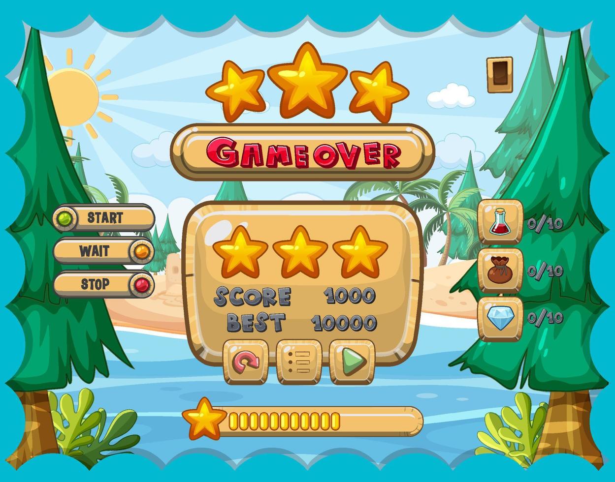 interface de usuário do jogo com game over e três estrelas vetor
