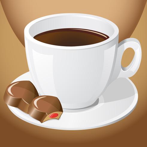 xícara de café com bombons de chocolate vetor