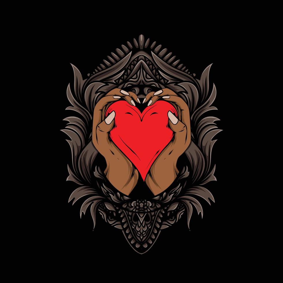 ilustração desenhada de mão segurando coração vermelho de dia dos namorados apertado com ornamento vetor