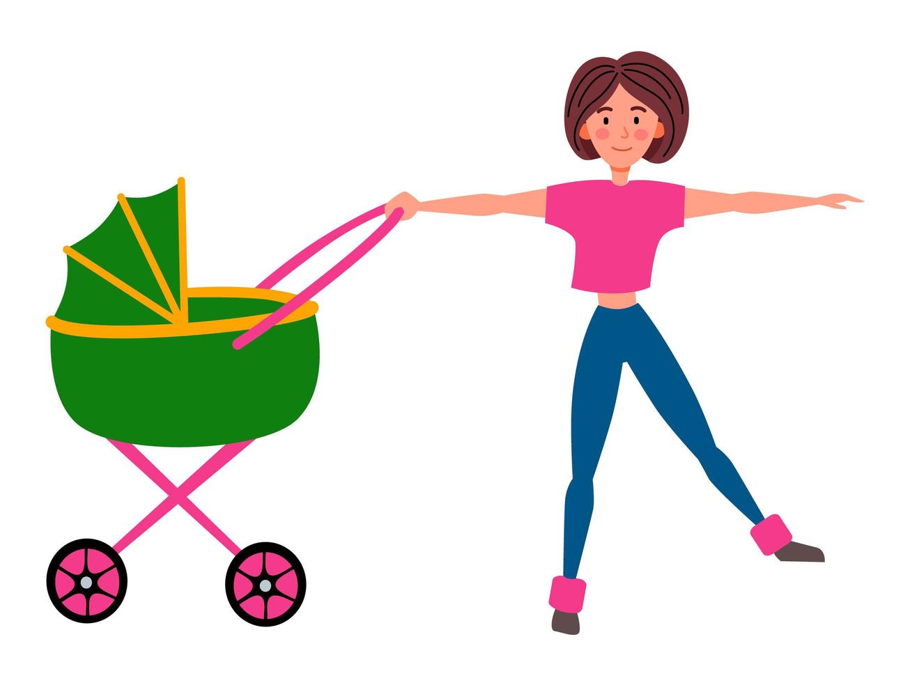 treinando com um carrinho de bebê. uma garota faz exercícios esportivos com seu bebê. vetor
