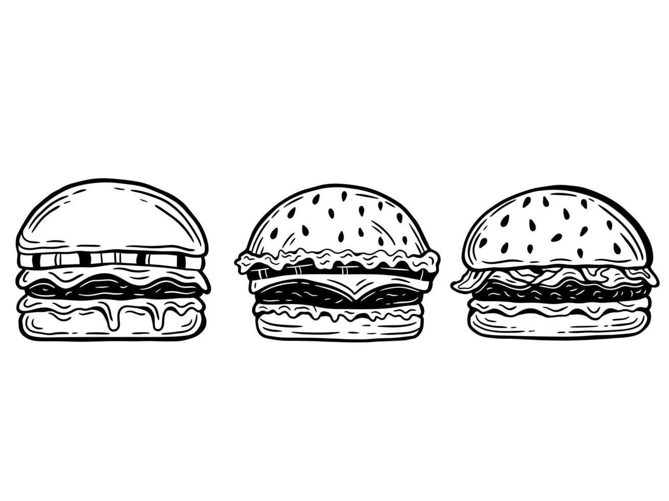definir hambúrgueres desenhados à mão queijo fritar frango menu de embalagem de fast food ilustração de restaurantes de café vetor