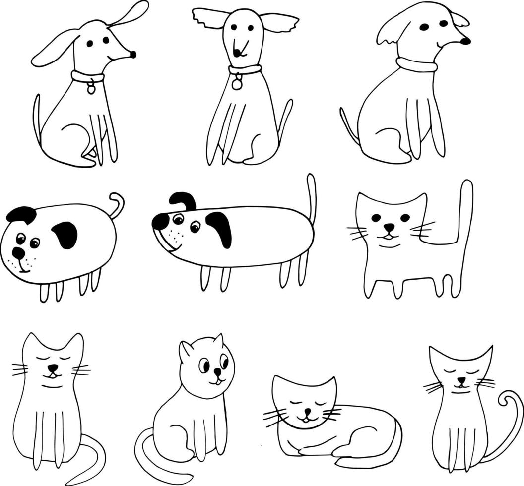conjunto de ícones de cães e gatos. doodle desenhado à mão. , escandinavo, nórdico, minimalismo, animal de estimação monocromático fofo engraçado vetor