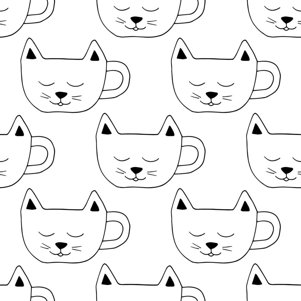 copo na forma de um doodle desenhado de mão sem costura padrão de rosto de gato. , minimalismo. papel de embrulho, têxteis, bebida quente de fundo, cacau, café, chá, adesivo, ícone, impressão de menu vetor