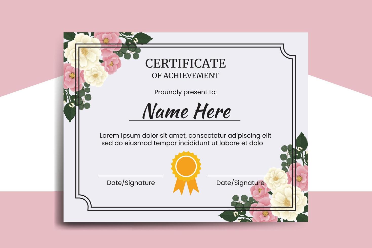 modelo de certificado rosa mini rosa flor aquarela digital desenhado à mão vetor