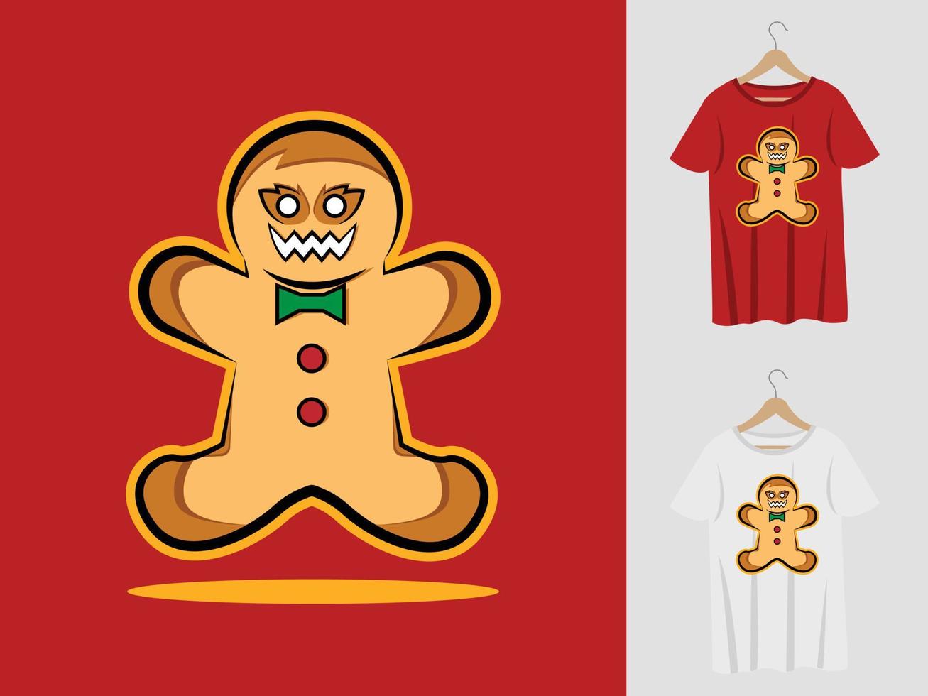design de mascote de halloween de gengibre com camiseta. ilustração de pão de gengibre para festa de halloween e camiseta de impressão vetor