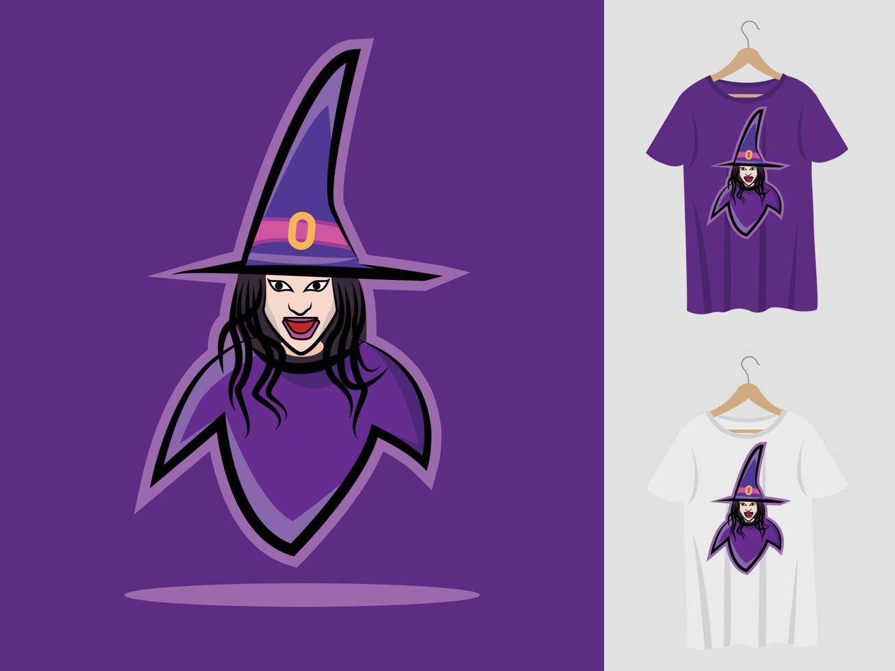design de mascote de bruxa de halloween com maquete de t-shirt. ilustração de bruxa para festa de halloween e impressão de t-shirt vetor