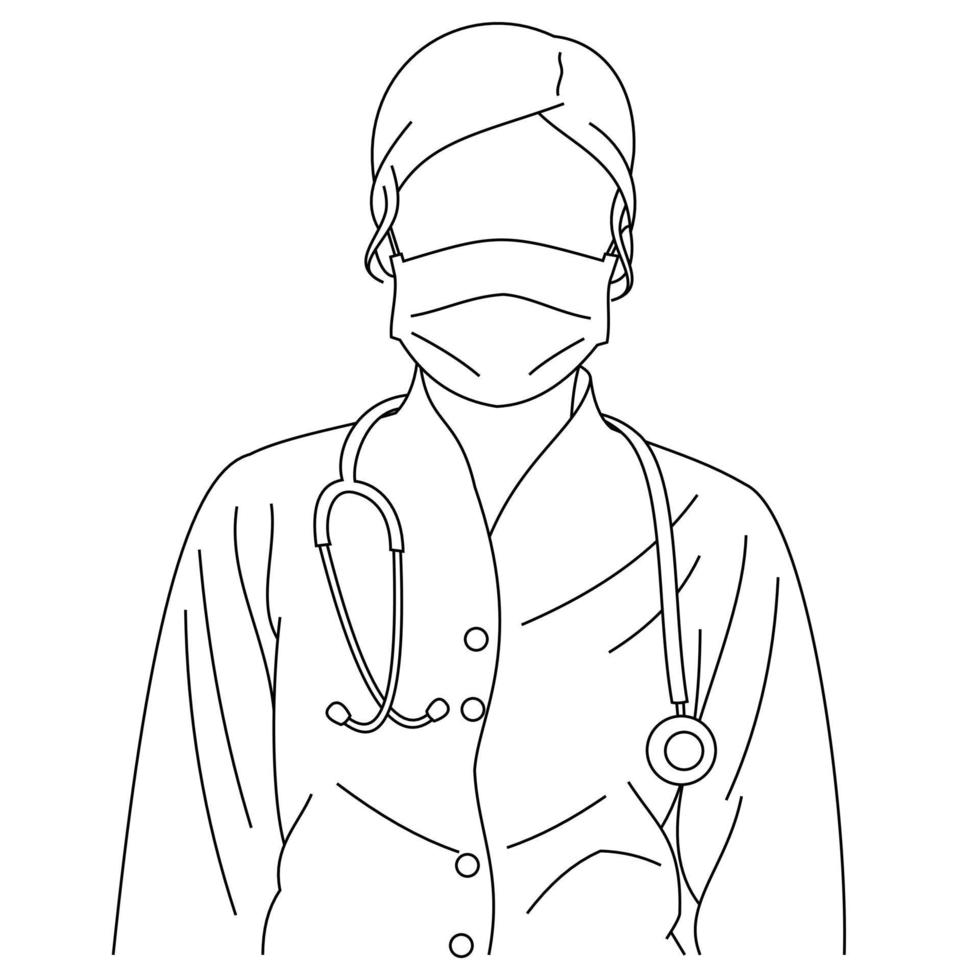 jovem enfermeira médica profissional usando máscaras cirúrgicas ou médicas para proteger de pragas, doenças, coronavírus, covid-19, sars, gripe ou mers-cov. uma enfermeira usando máscara cirúrgica e estetoscópio vetor