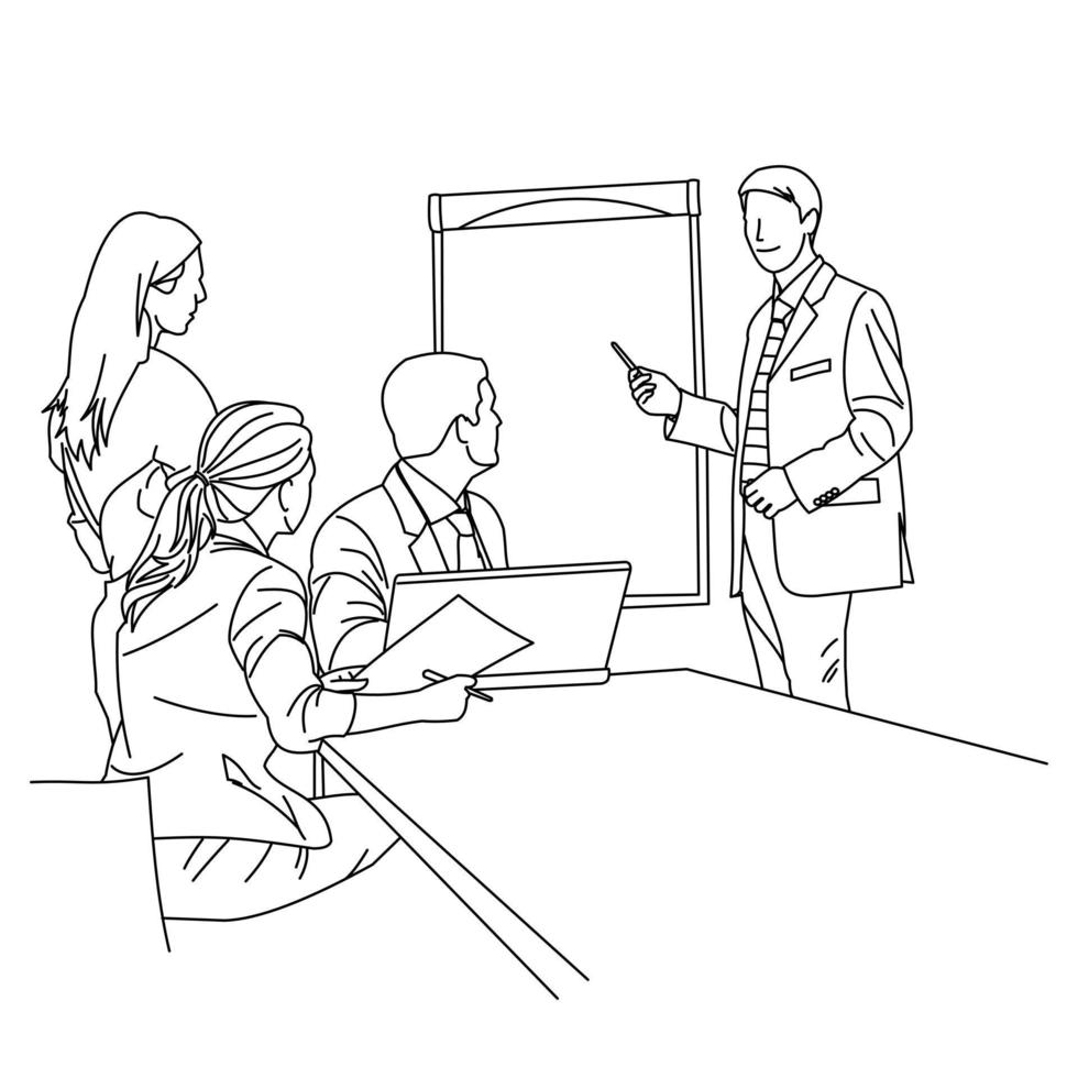 ilustração de desenho de linha de um funcionário ou equipe de negócios discutindo uma estratégia de sua empresa com líderes no escritório. grupo de empresários sentados e discutindo em grupos no escritório vetor