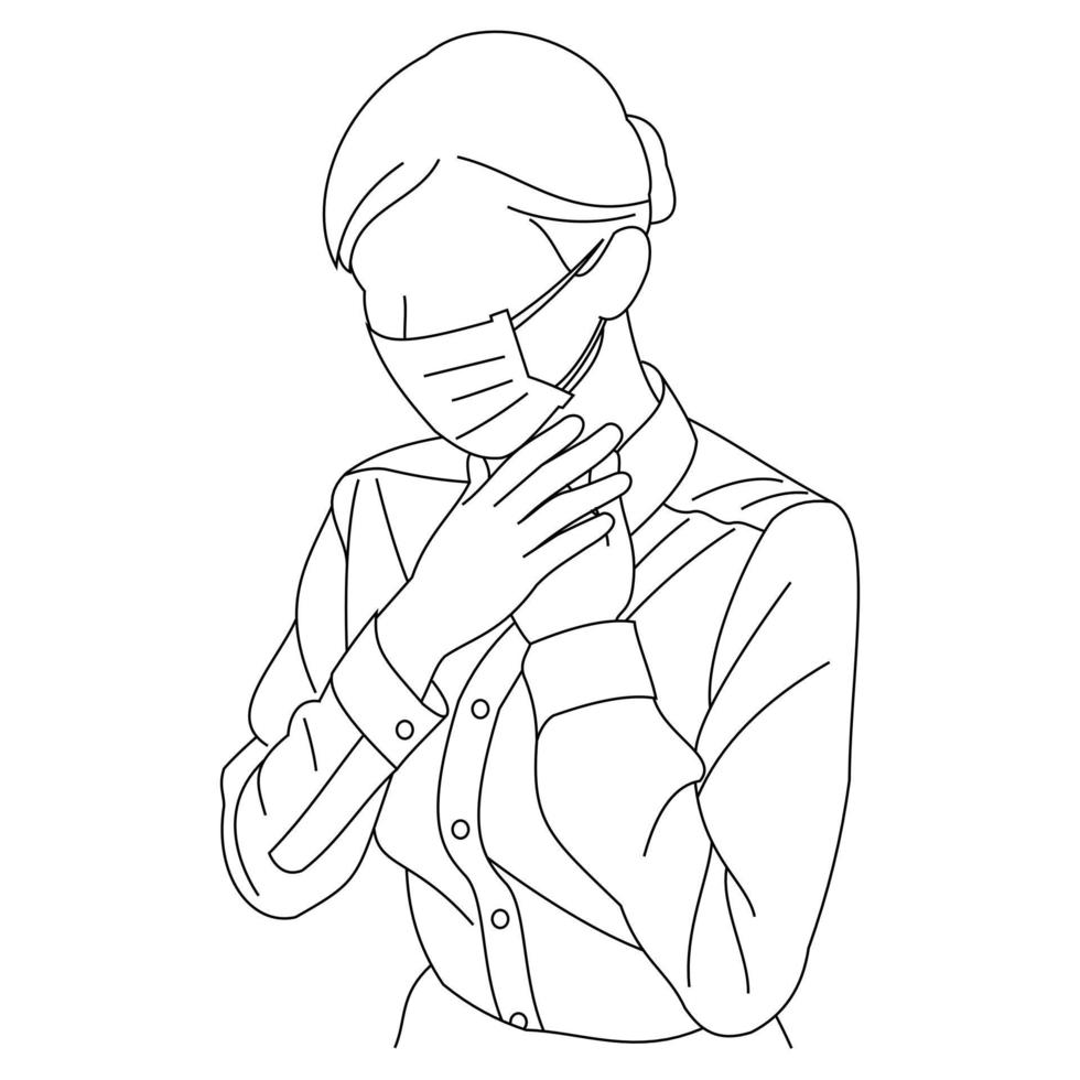 desenho de linha de ilustração de uma jovem se sentindo mal e tossindo como sintoma de resfriado, falta de ar, dor de garganta ou bronquite. uma fêmea tossindo em seu punho isolado em um branco vetor