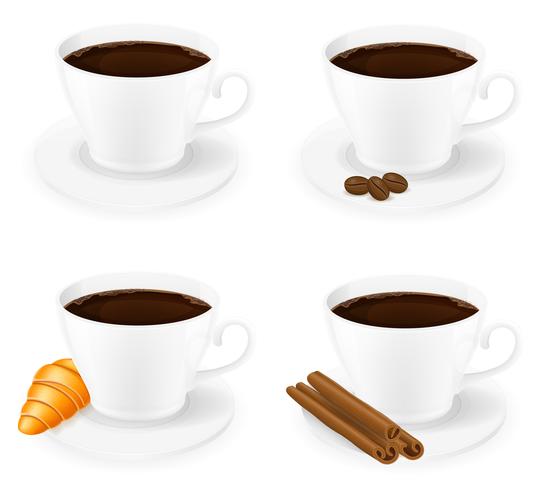 xícara de café com paus de canela grão e feijão vista lateral ilustração vetorial vetor