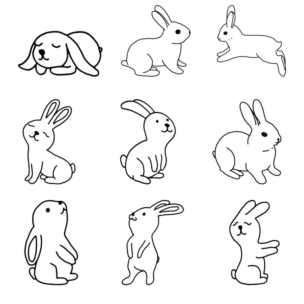 conjunto de coelhos mão desenho de linha monocromática image.rabbit outline.easter bunny.illustration para cartões, páscoa, ilustração infantil, impressão e têxteis. vetor