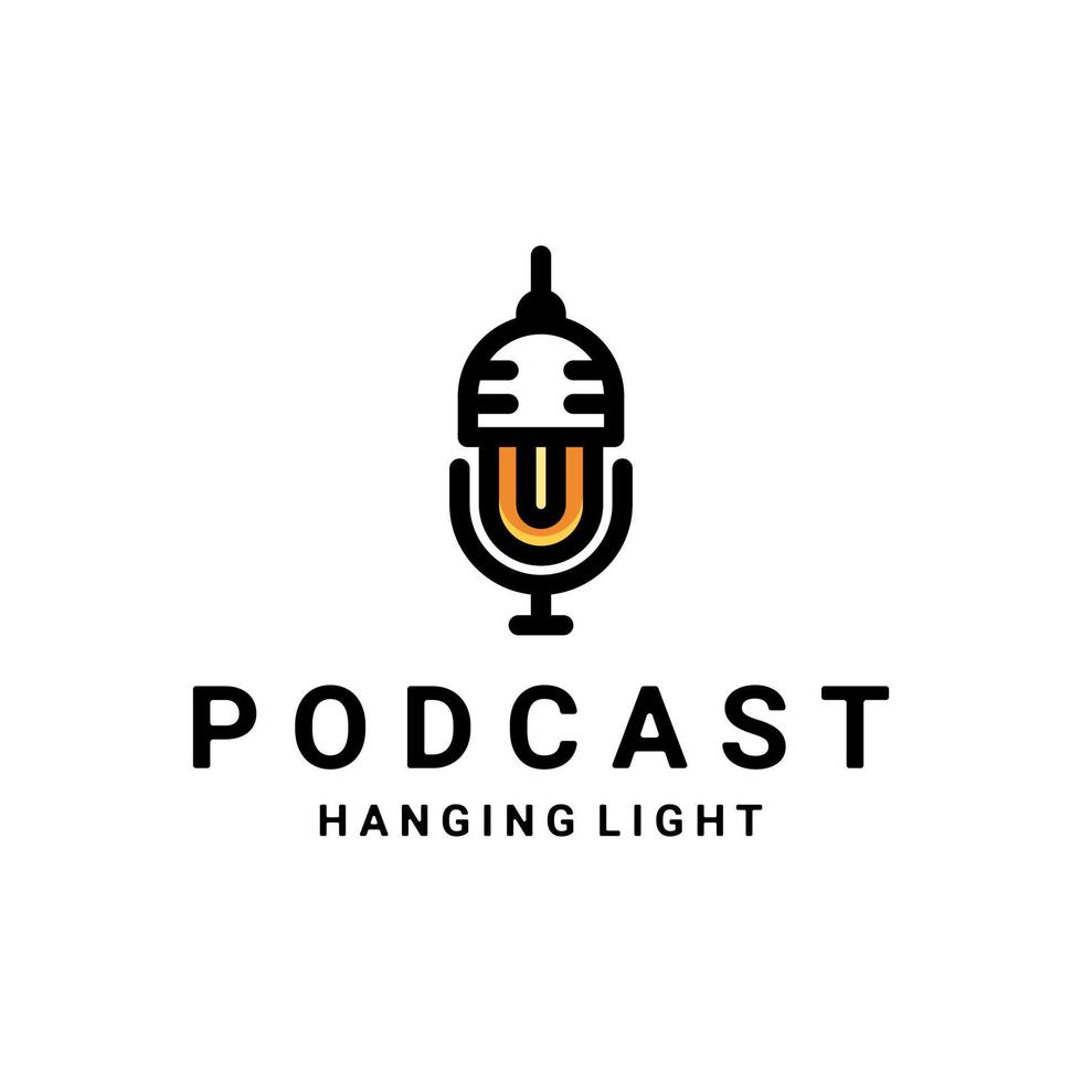 microfone de podcast combinado e luz suspensa em fundo branco, vetor de logotipo de design editável