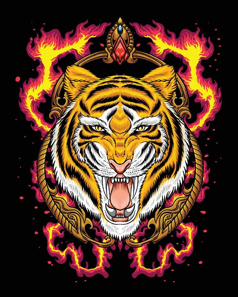 rei tigre irritado com logotipo de chama vetor