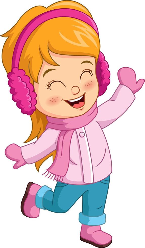 garota feliz dos desenhos animados, vestindo roupas de inverno vetor