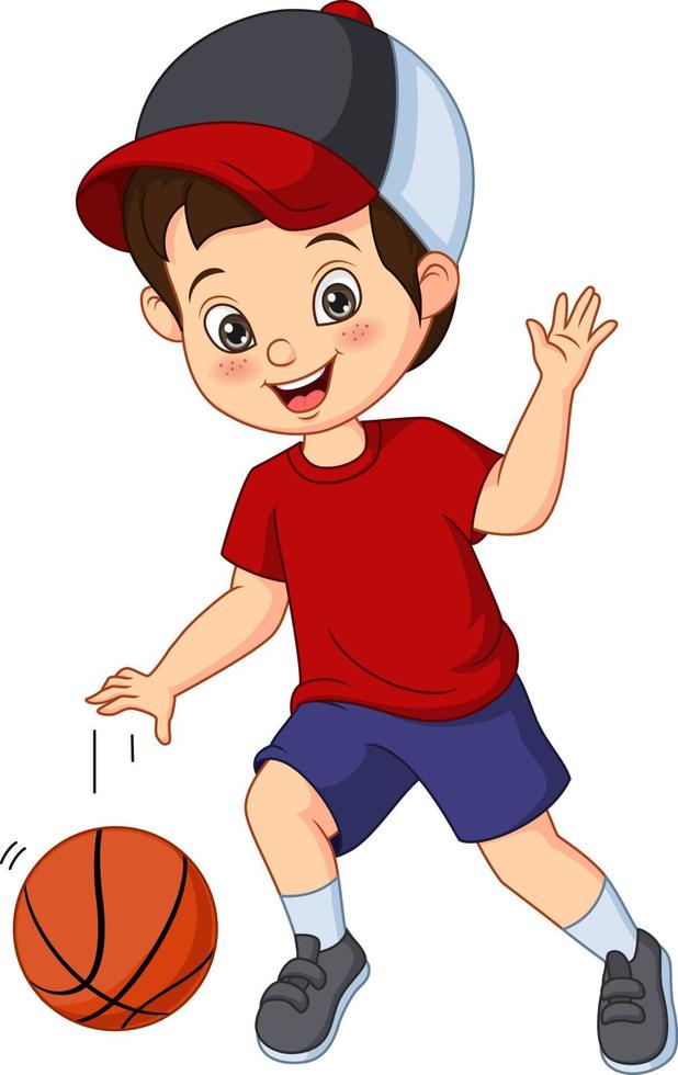 desenho animado menino bonitinho jogando basquete vetor