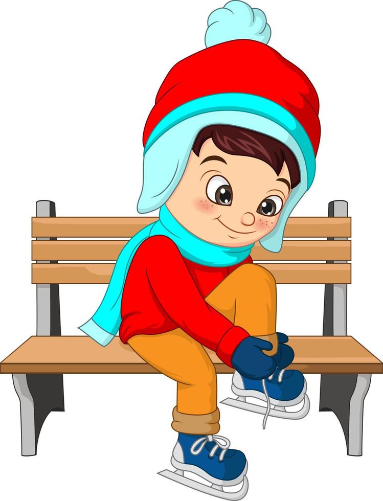 menino bonito em roupas de inverno sentado em um banco, garotinho amarrando os cadarços vetor