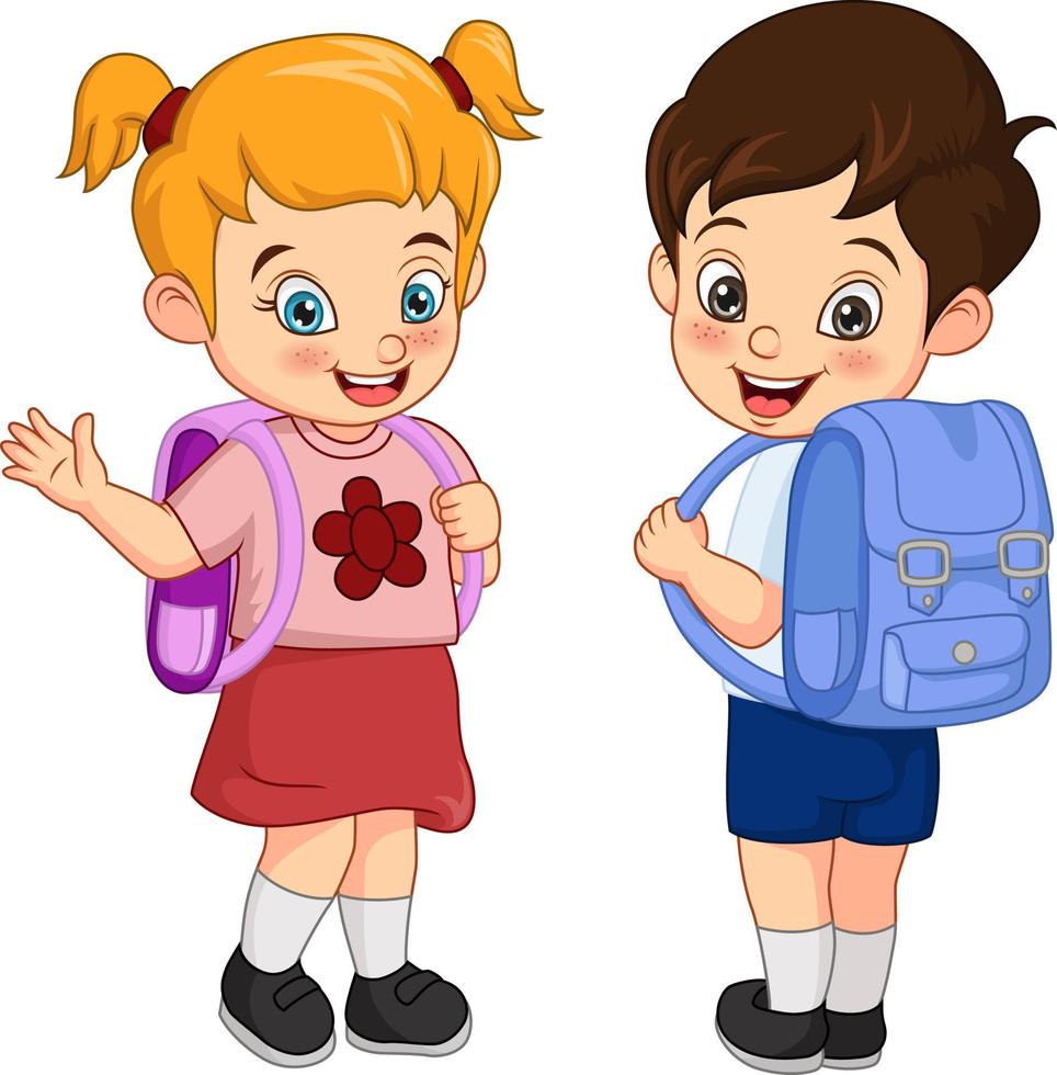 escola feliz menino e menina com mochila vetor