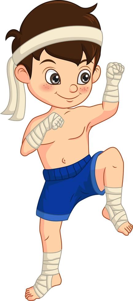 desenho animado pequeno lutador de muay thai vetor