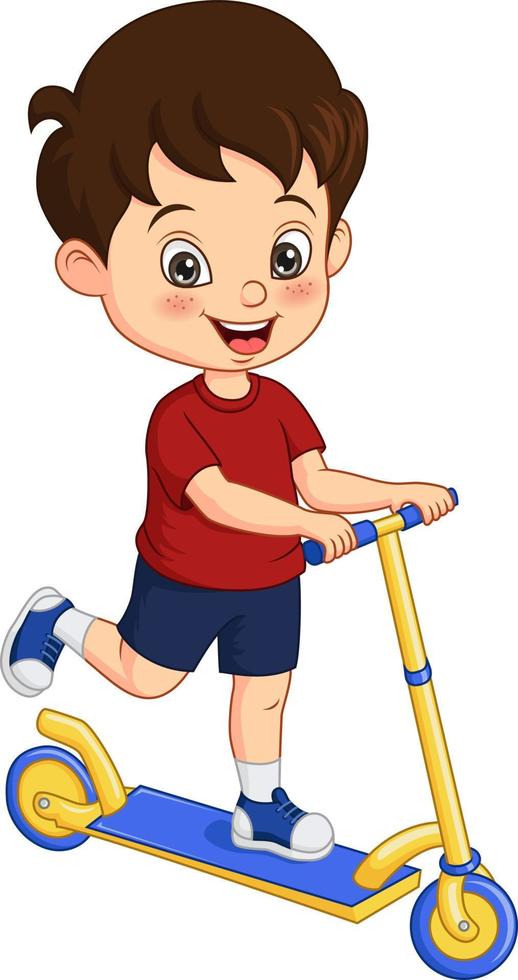 desenho animado garotinho andando de scooter vetor
