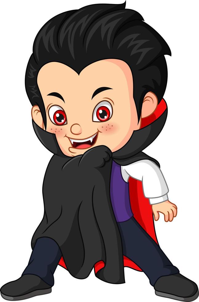 menino de desenho animado vestindo fantasia de drácula de halloween vetor