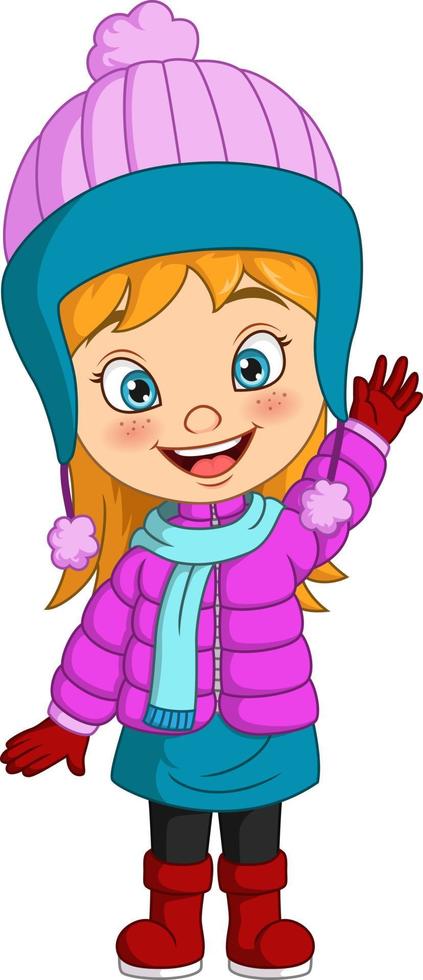 menina dos desenhos animados, vestindo roupas de inverno, acenando com a mão vetor