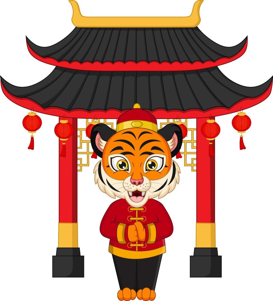 desenho animado tigre feliz em pé na frente do portão chinês vetor