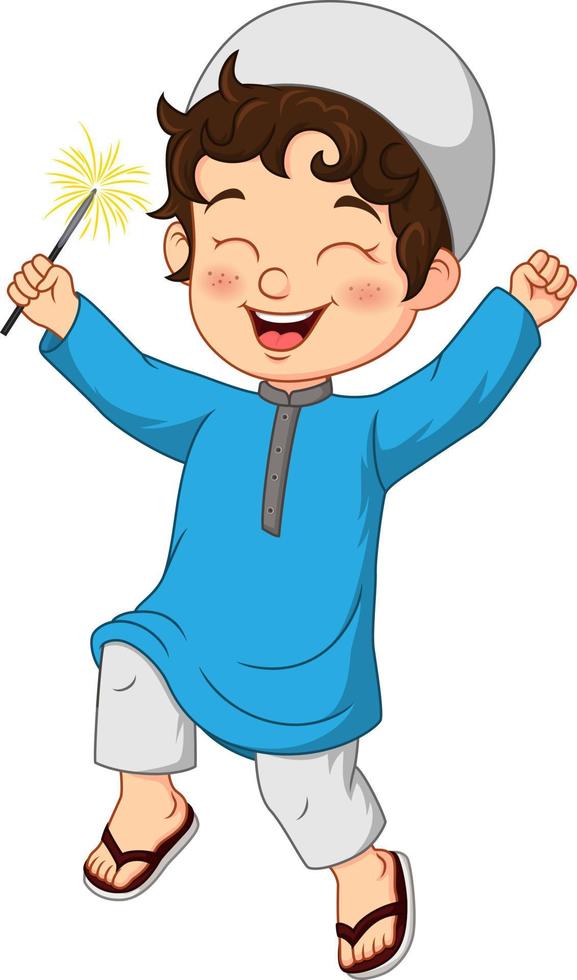 desenho animado menino muçulmano feliz jogando fogo de artifício vetor