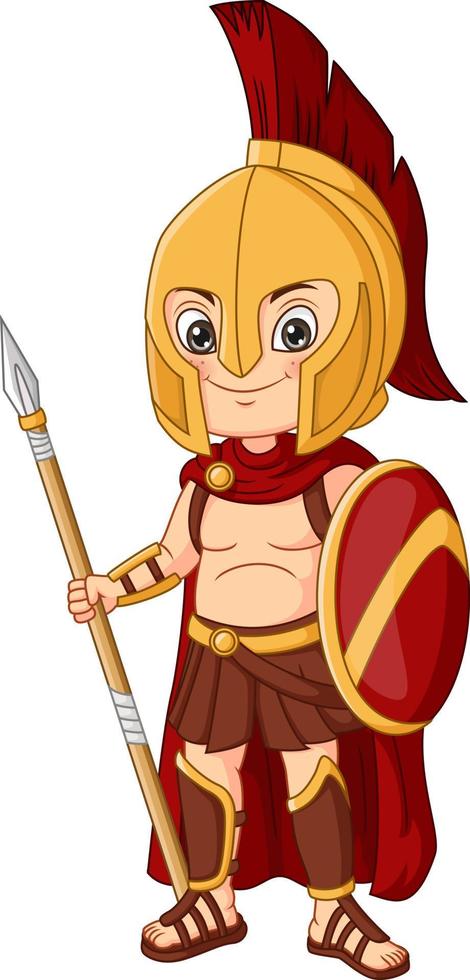 menino guerreiro espartano dos desenhos animados segurando lança e escudo vetor