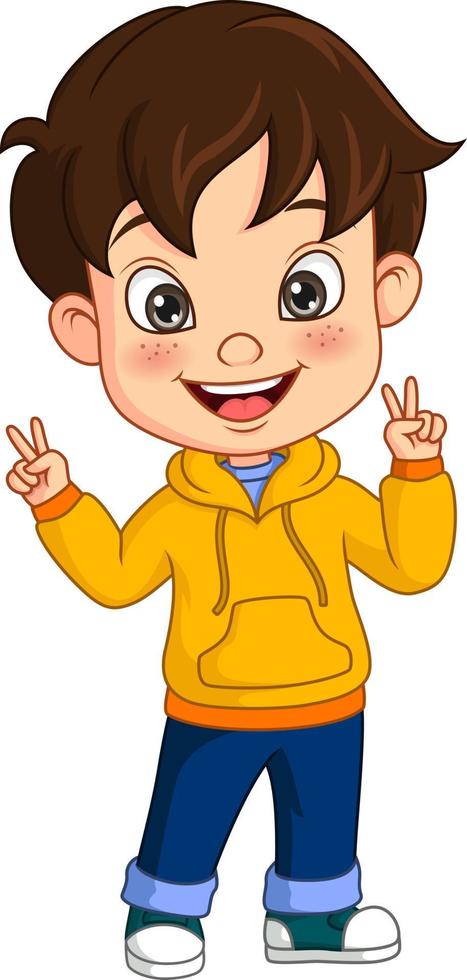desenho animado garotinho de jaqueta amarela e sinal de mão de paz vetor