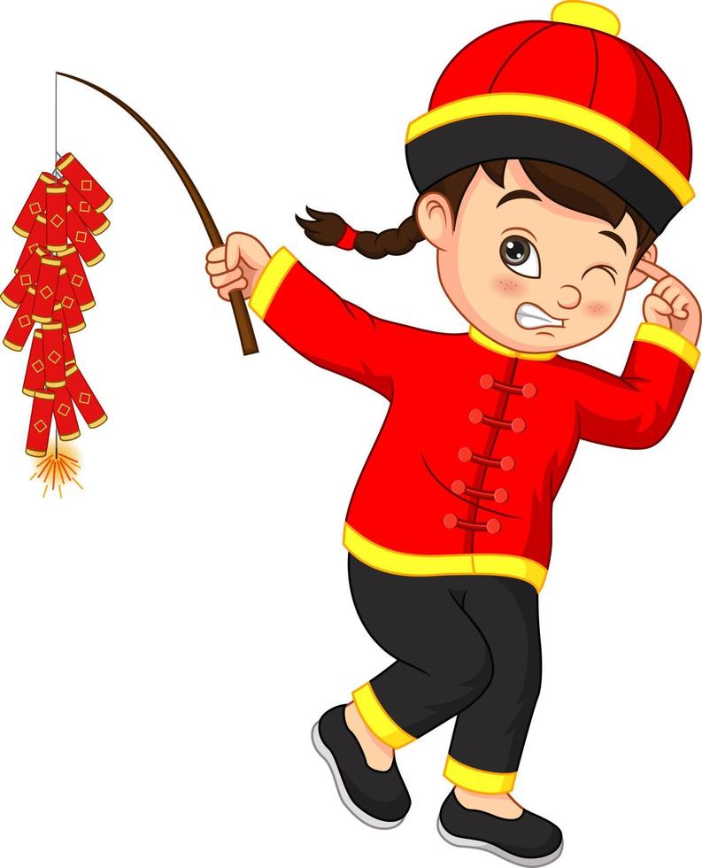 menino chinês de desenho animado segurando um fogo de artifício vetor