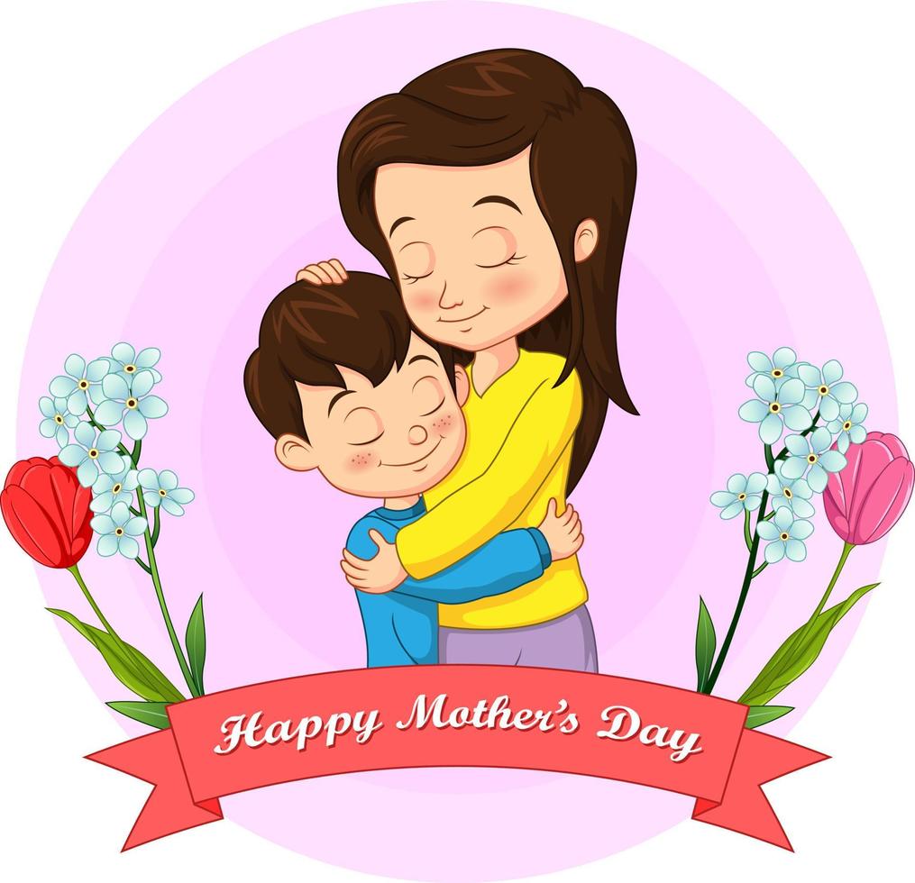cartão de feliz dia das mães. menino bonitinho abraçando sua mãe vetor