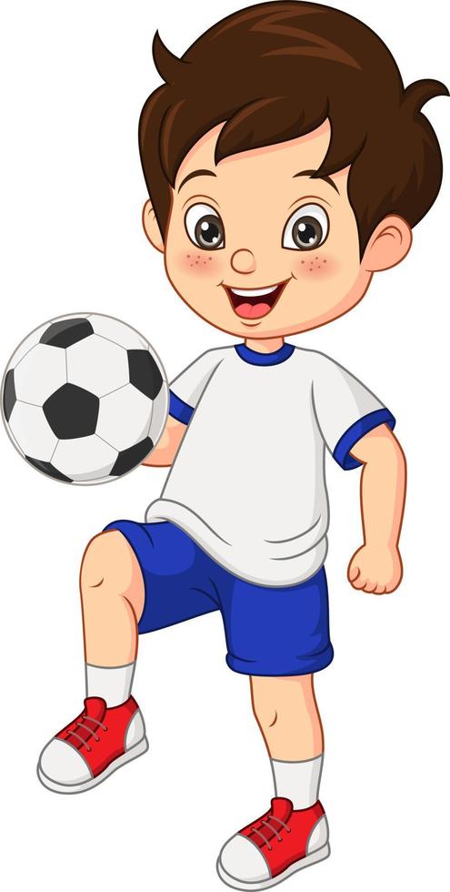 desenho animado garotinho jogando futebol vetor